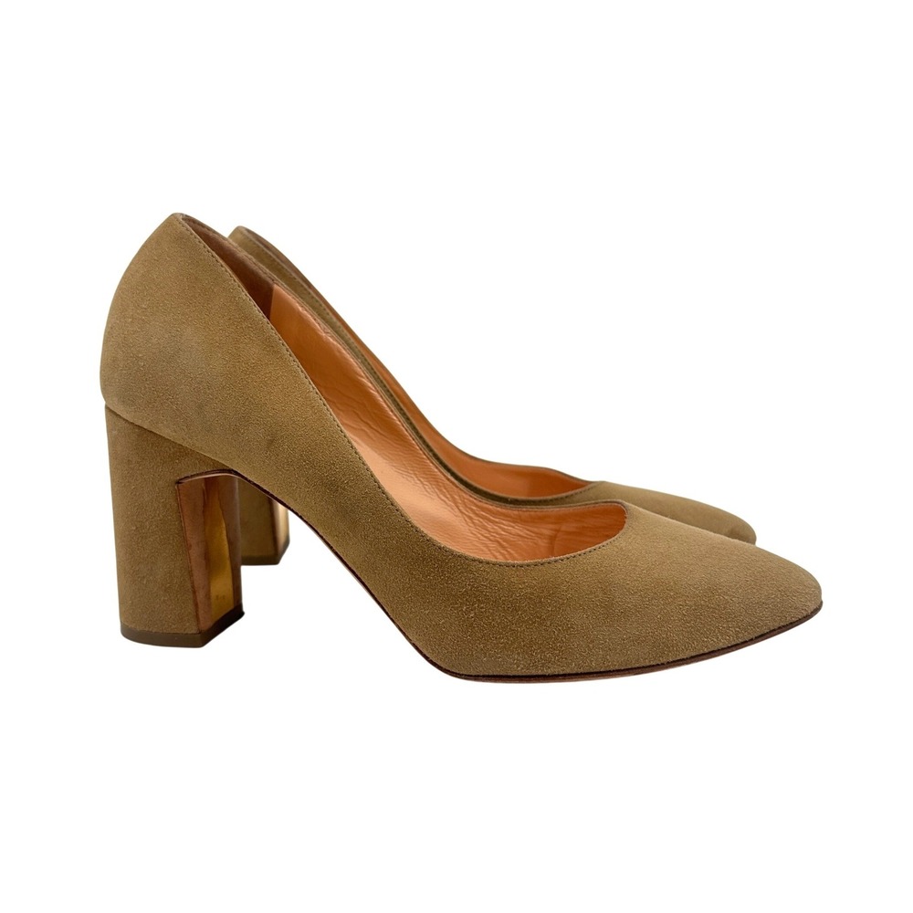 Rupert Sanderson Tan Suede Block Heel Pumps Almond Toe Made in Italy EU 38 US 7‎